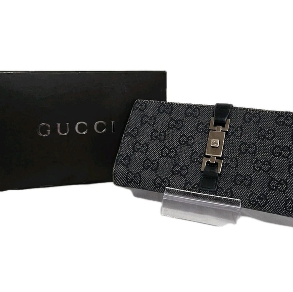 Gucci Jackie Long Wallet Black On Black Canvas And PatenLeather - Picture 1 of 11